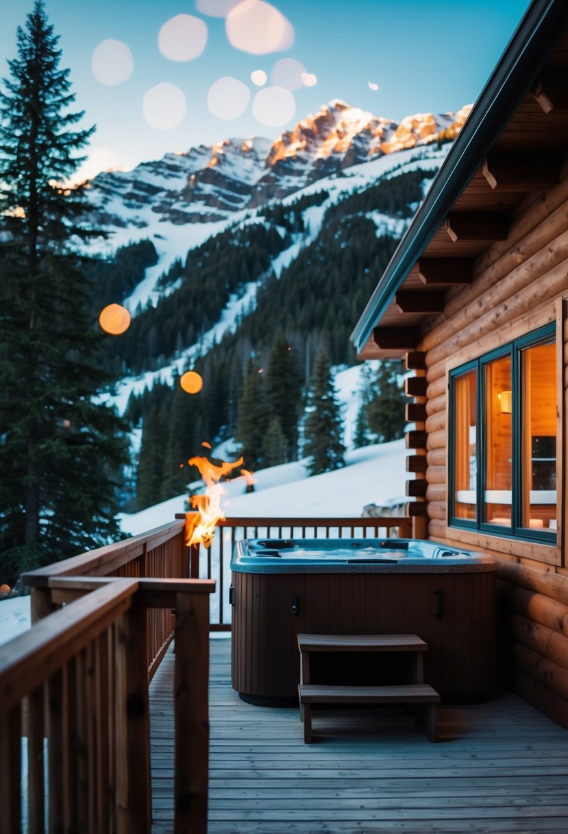 A cozy cabin nestled among snow-capped mountains, with a hot tub on the deck and a crackling fire inside