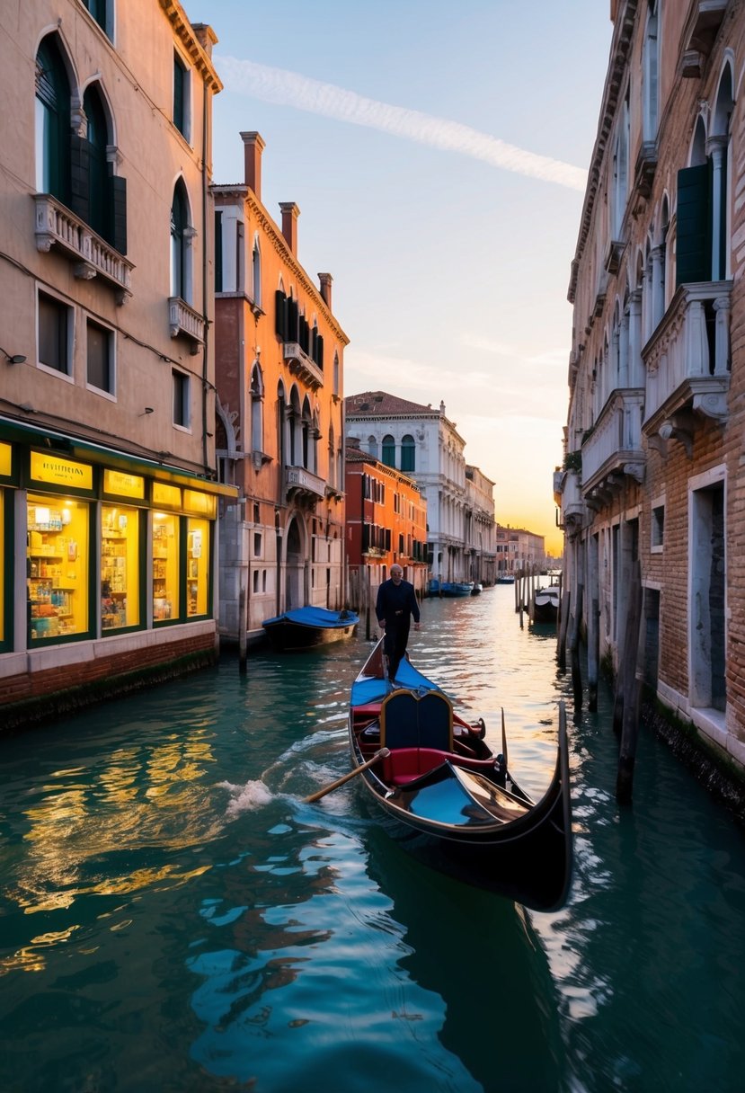 A gondola glides through the narrow canals of Venice, passing by historic buildings and colorful storefronts under the warm glow of the setting sun