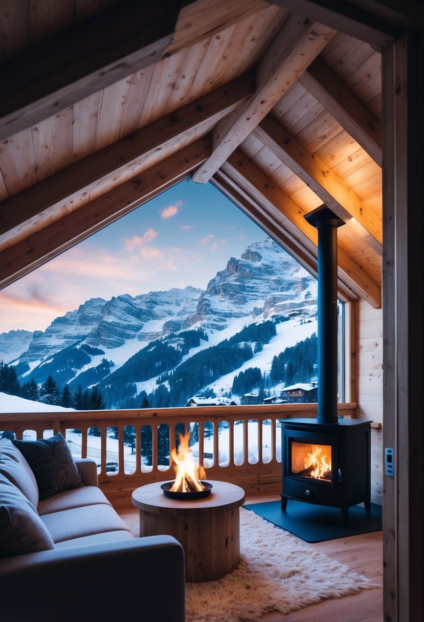 A cozy chalet nestled in the snowy mountains of Ortisei, with a warm fire burning inside and a breathtaking view of the alpine landscape