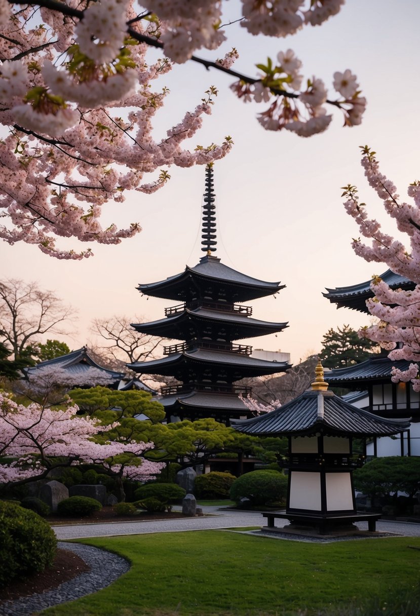 A serene Kyoto garden with blooming cherry blossoms and traditional pagodas