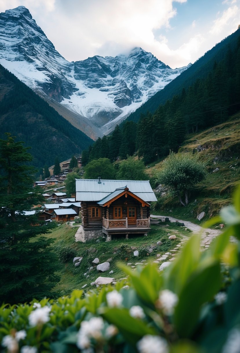 A cozy mountain cabin nestled among the Bhutan Himalayas, surrounded by snow-capped peaks and lush greenery, with a serene and romantic atmosphere