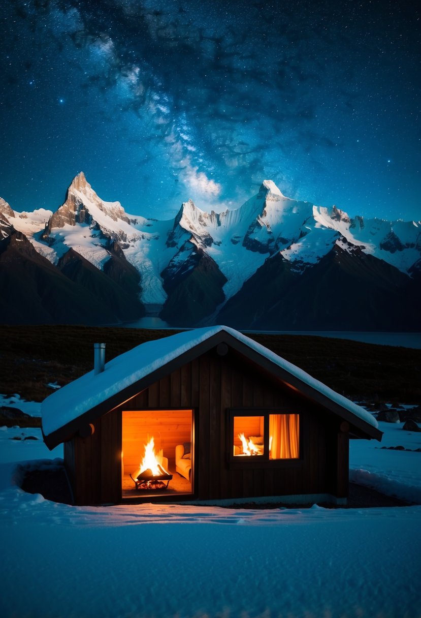A cozy cabin nestled among the snow-capped mountains of Patagonia, with a warm fire burning inside and a starry night sky overhead