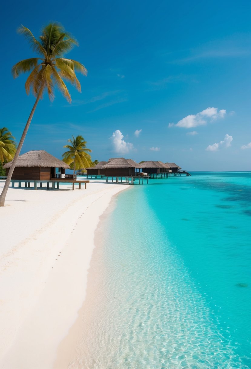 Turquoise water surrounds overwater bungalows on pristine white sand beaches in the Maldives. Palm trees sway in the gentle ocean breeze under a clear blue sky