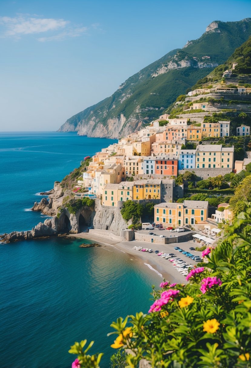 A serene coastal town with colorful buildings nestled between steep cliffs and the sparkling blue sea. Lush greenery and vibrant flowers dot the landscape