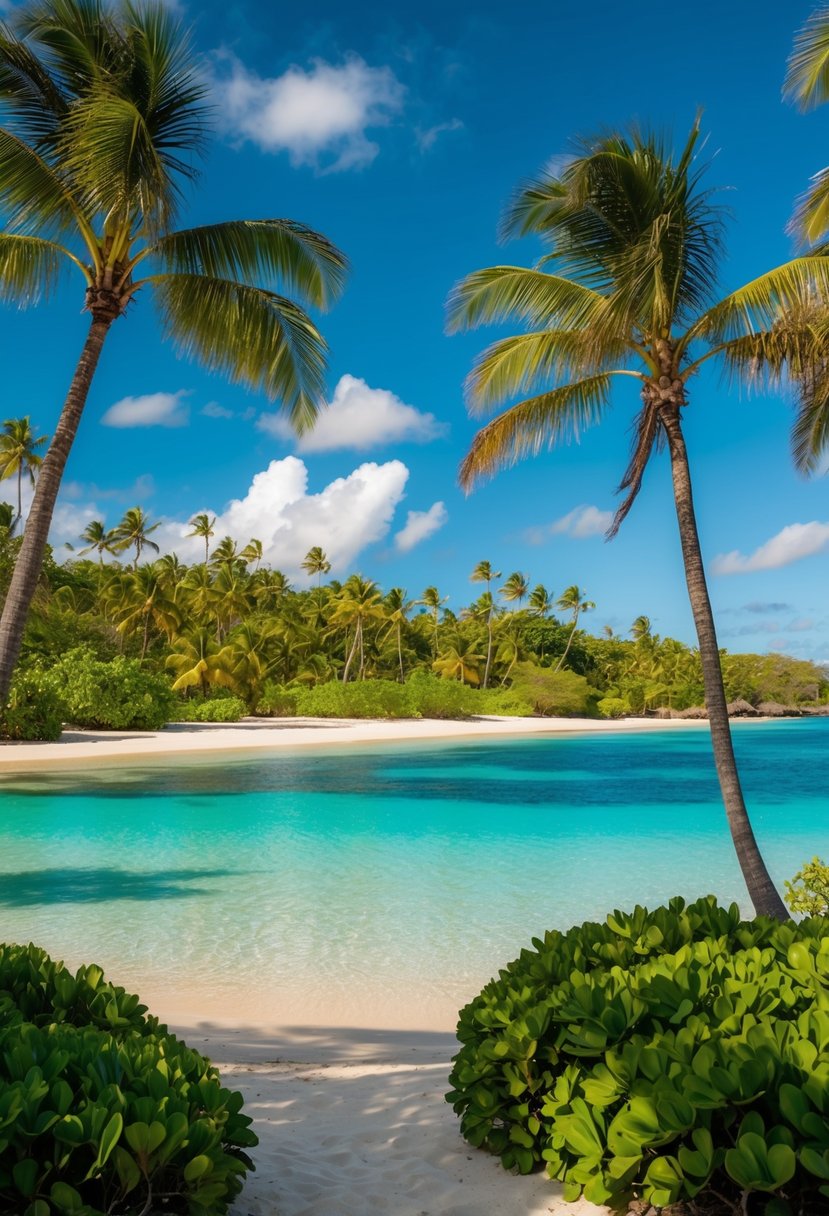 A secluded beach with crystal-clear waters and palm trees, surrounded by lush tropical vegetation on the Fiji Islands