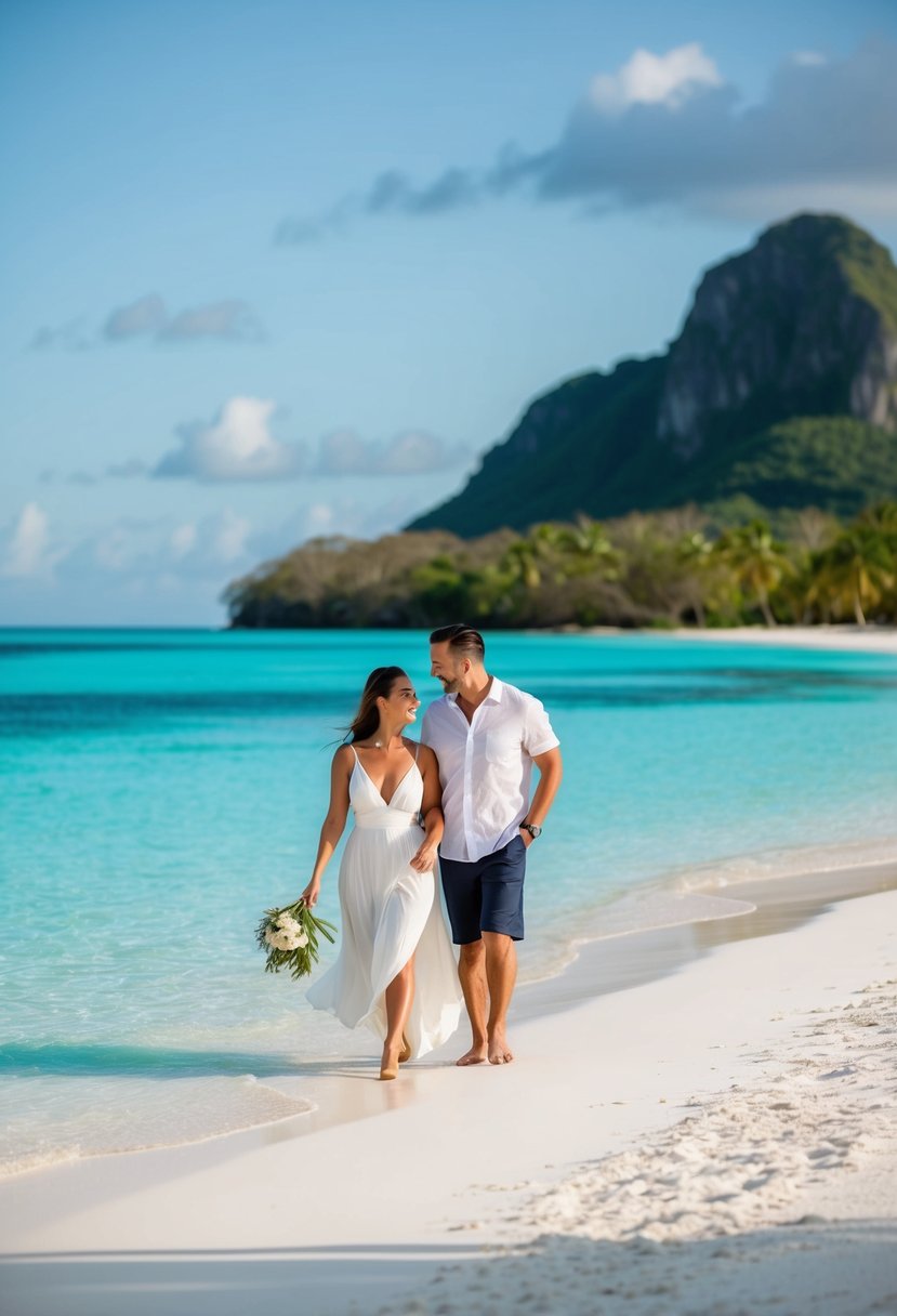A couple strolling on a pristine white sand beach, surrounded by crystal-clear turquoise waters and lush greenery of Seychelles