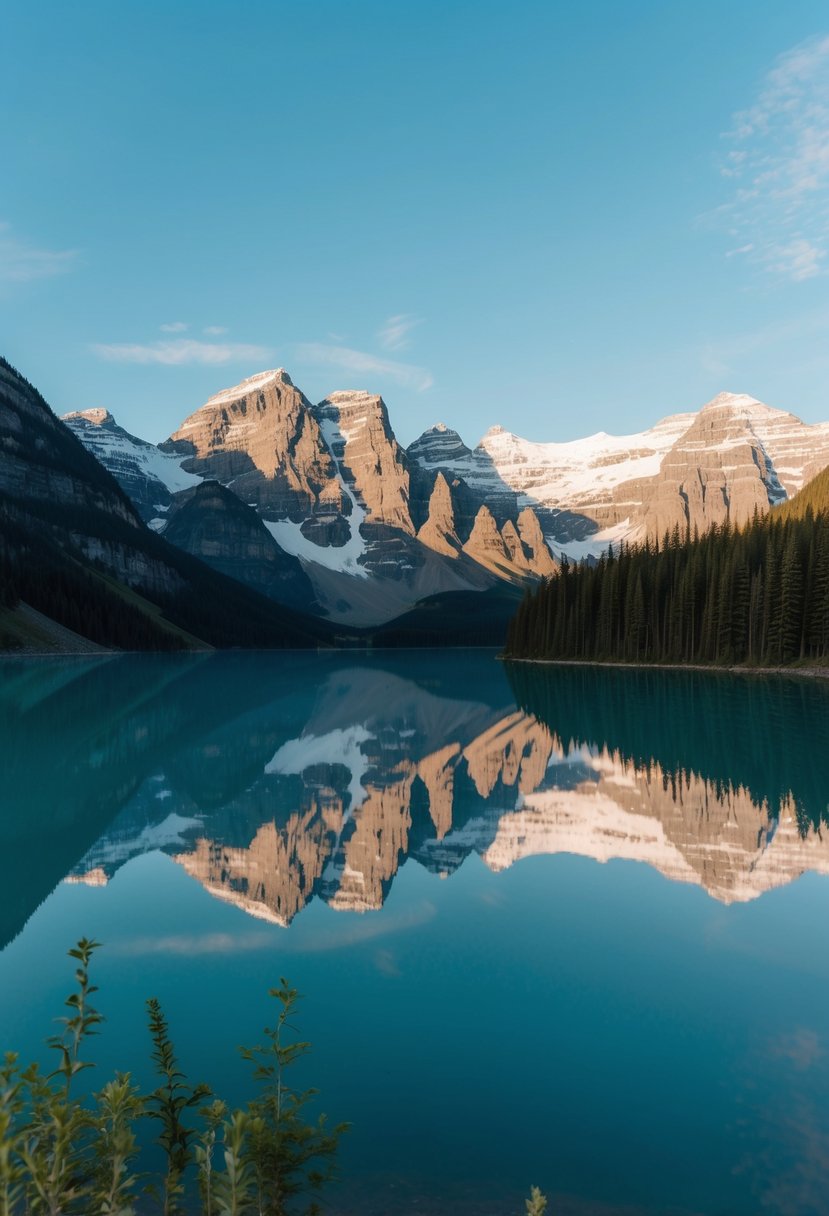 A serene lake reflects the snow-capped mountains of Banff, Canada, surrounded by lush greenery and a clear blue sky