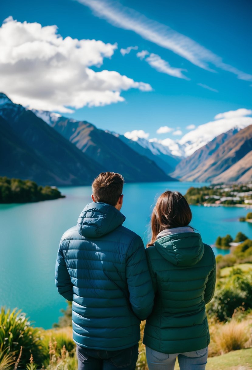 A couple admires the stunning landscape of Queenstown, New Zealand, with its majestic mountains, crystal-clear lakes, and lush greenery, making it a perfect honeymoon destination