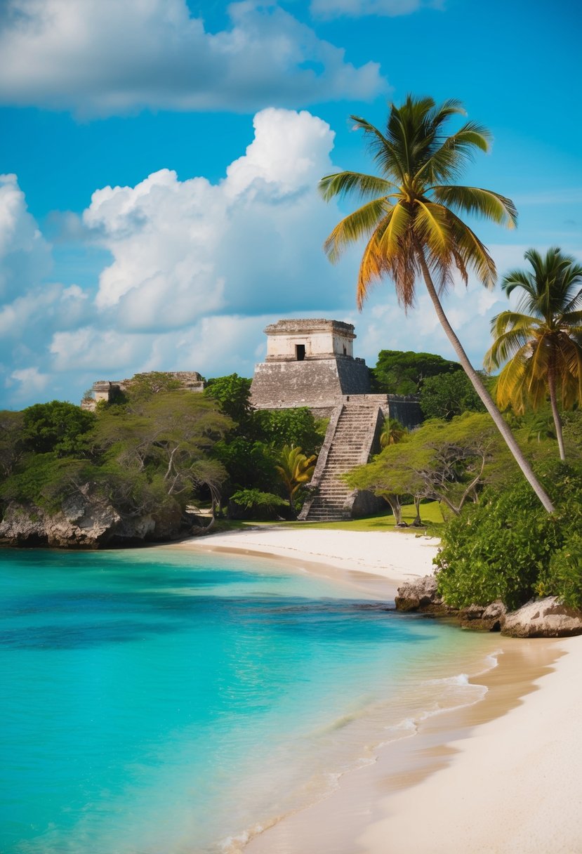 A secluded beach with turquoise waters, palm trees, and ancient Mayan ruins nestled in the lush greenery of Tulum, Mexico