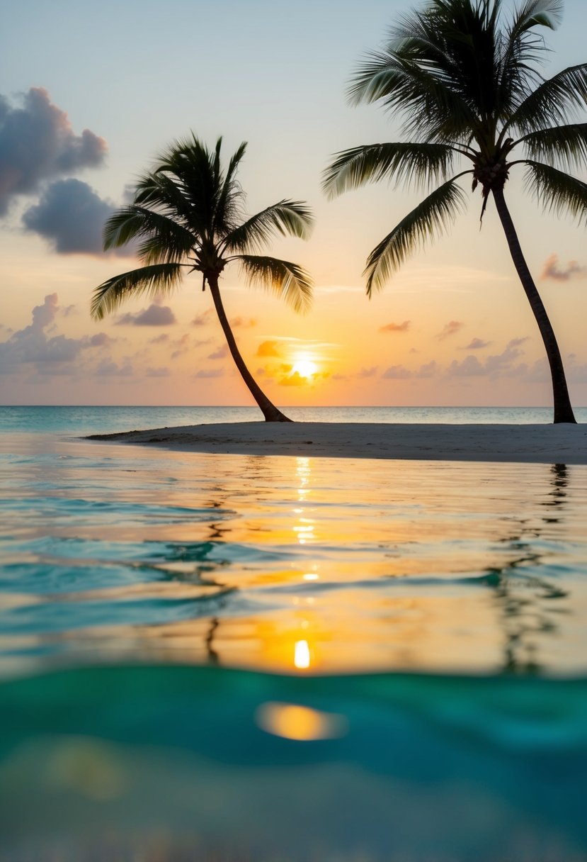 A serene beach at Velassaru Maldives, with crystal-clear waters, palm trees, and a romantic sunset