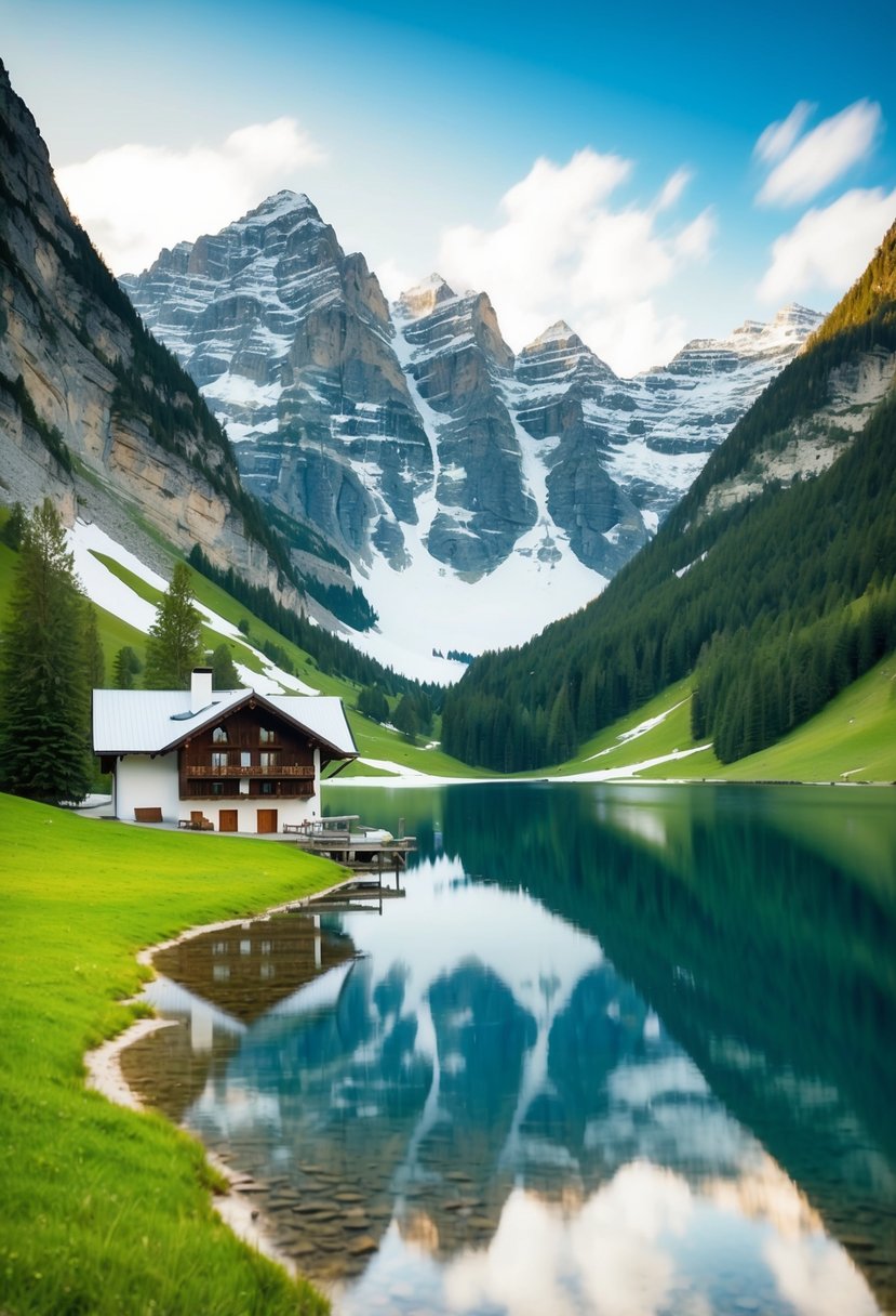 A serene alpine lake surrounded by snow-capped mountains and lush green meadows, with a charming chalet nestled on the shore
