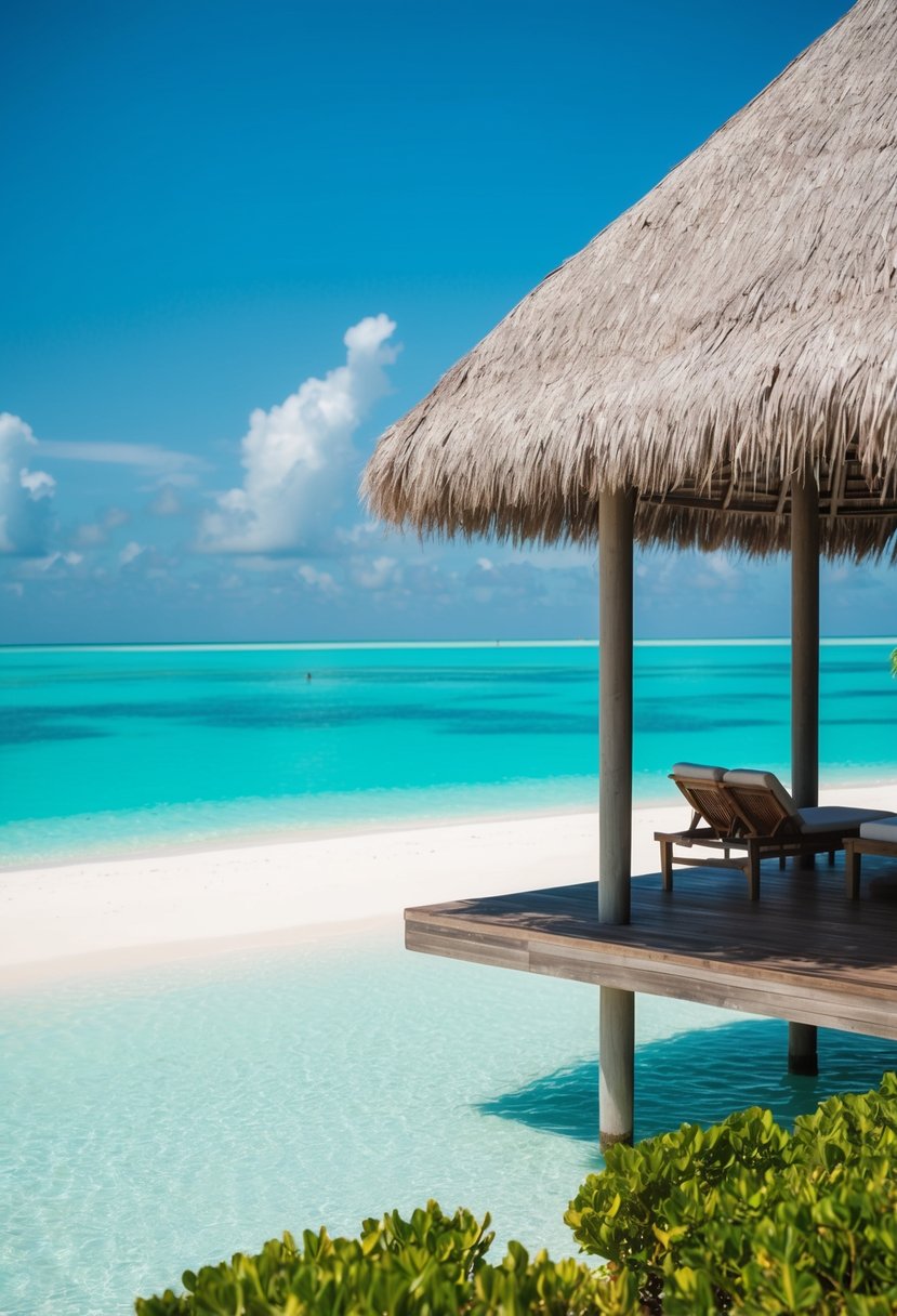 Overwater villa at Soneva Jani, Maldives. Turquoise lagoon, white sand, lush greenery, and clear blue skies create a romantic honeymoon destination