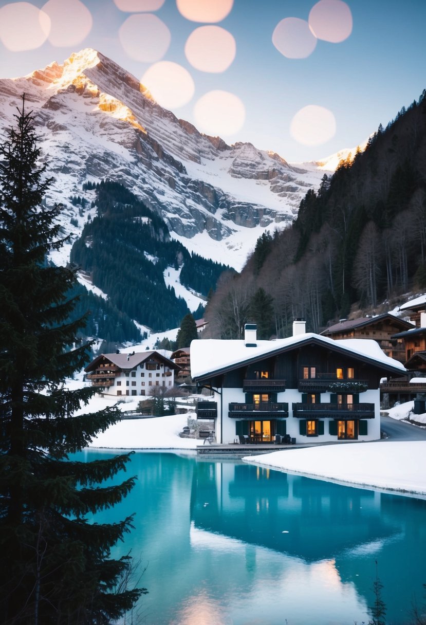 A cozy chalet nestled in the Swiss Alps, with a view of snow-capped mountains and a serene, frozen lake