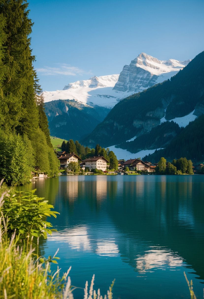 A serene lake nestled in the Swiss Alps, surrounded by lush greenery and snow-capped mountains, with a quaint village in the distance
