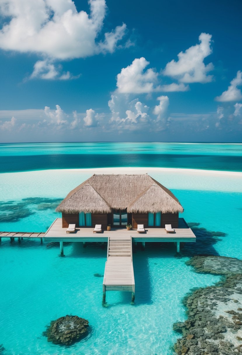 A secluded overwater villa at Conrad Maldives Rangali Island, surrounded by crystal-clear turquoise waters and a colorful coral reef