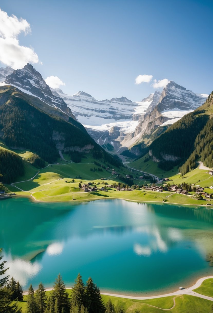 A serene mountain landscape with snow-capped peaks, lush green valleys, and a crystal-clear alpine lake nestled in the Bernese Alps of Switzerland