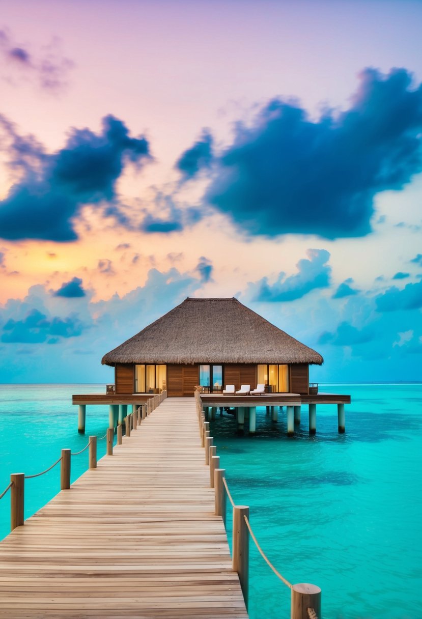 A private overwater villa at Six Senses Laamu, with a wooden deck extending over turquoise waters and a stunning sunset in the background