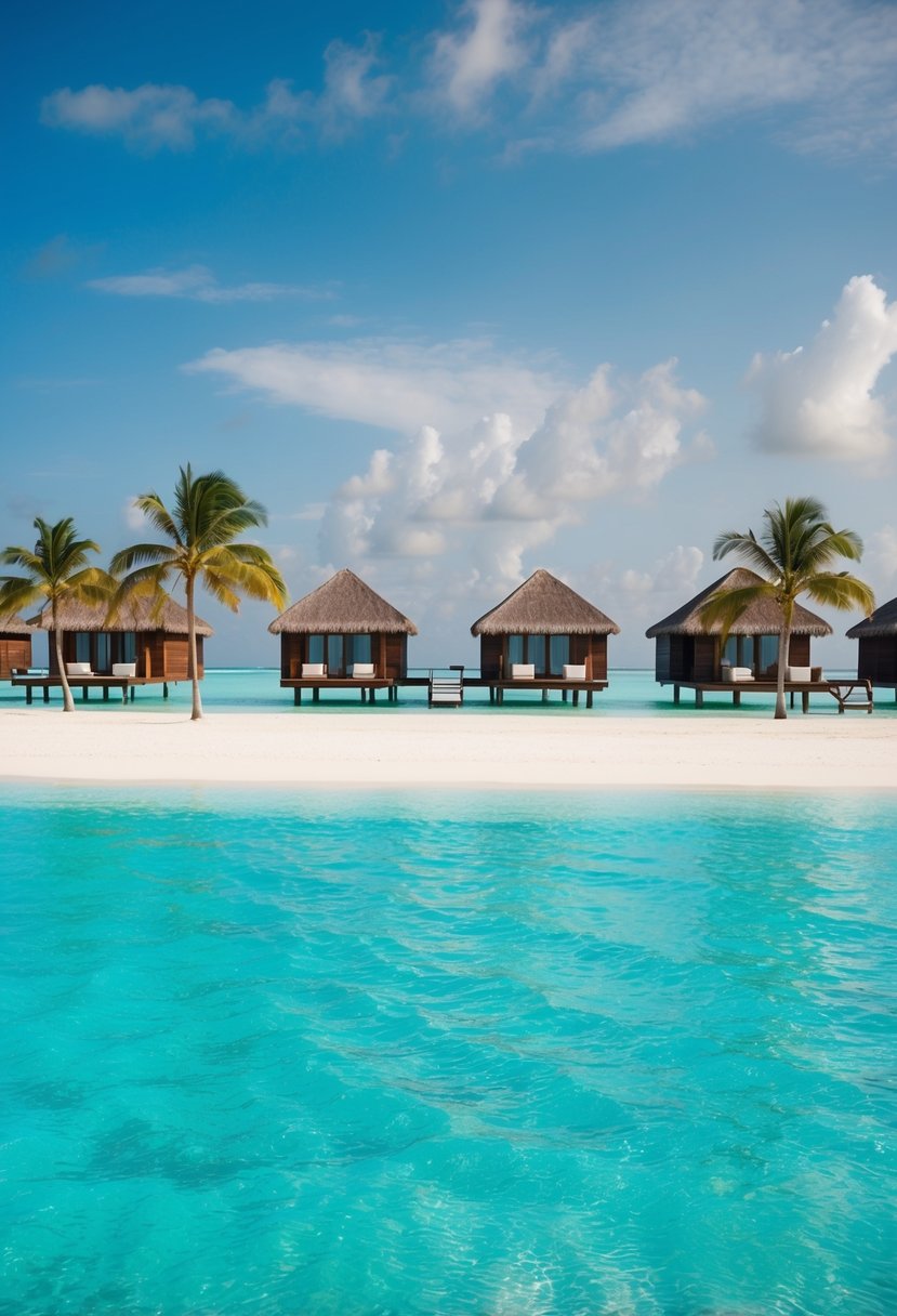 Crystal-clear turquoise waters surround overwater bungalows with private decks at Anantara Veli Maldives Resort. Palm trees sway on a white sandy beach, creating a romantic honeymoon destination