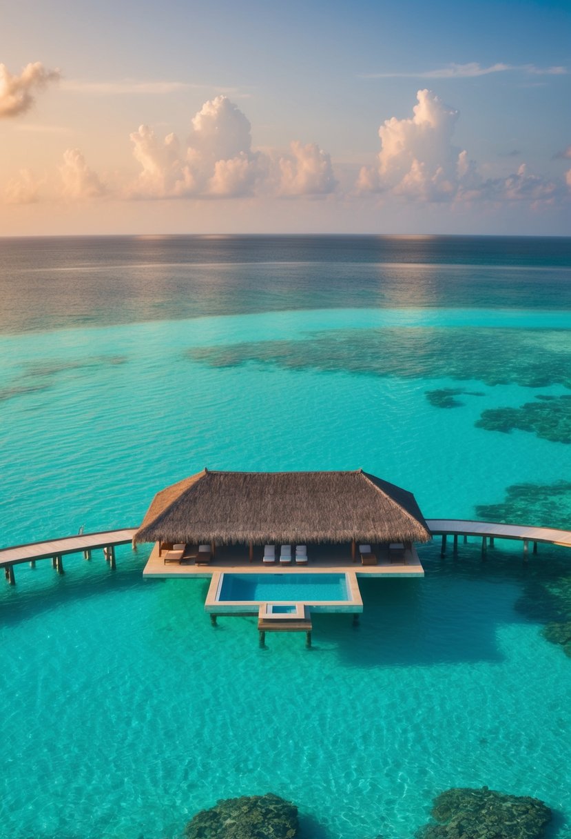 A secluded overwater bungalow at Velaa Private Island, Maldives. Crystal-clear turquoise waters surround the luxurious accommodation, with a private infinity pool and a stunning view of the sunset