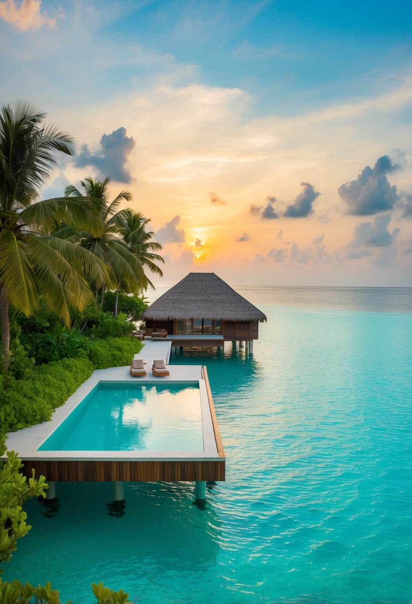 A secluded overwater villa at Milaidhoo Island, Maldives, surrounded by turquoise waters and lush greenery, with a private infinity pool and a romantic sunset view