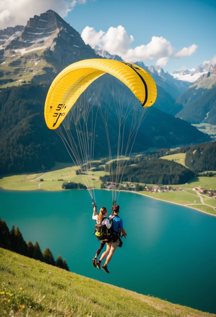 A couple paragliding over the picturesque Swiss Alps, with a serene lake and lush green mountains in the background