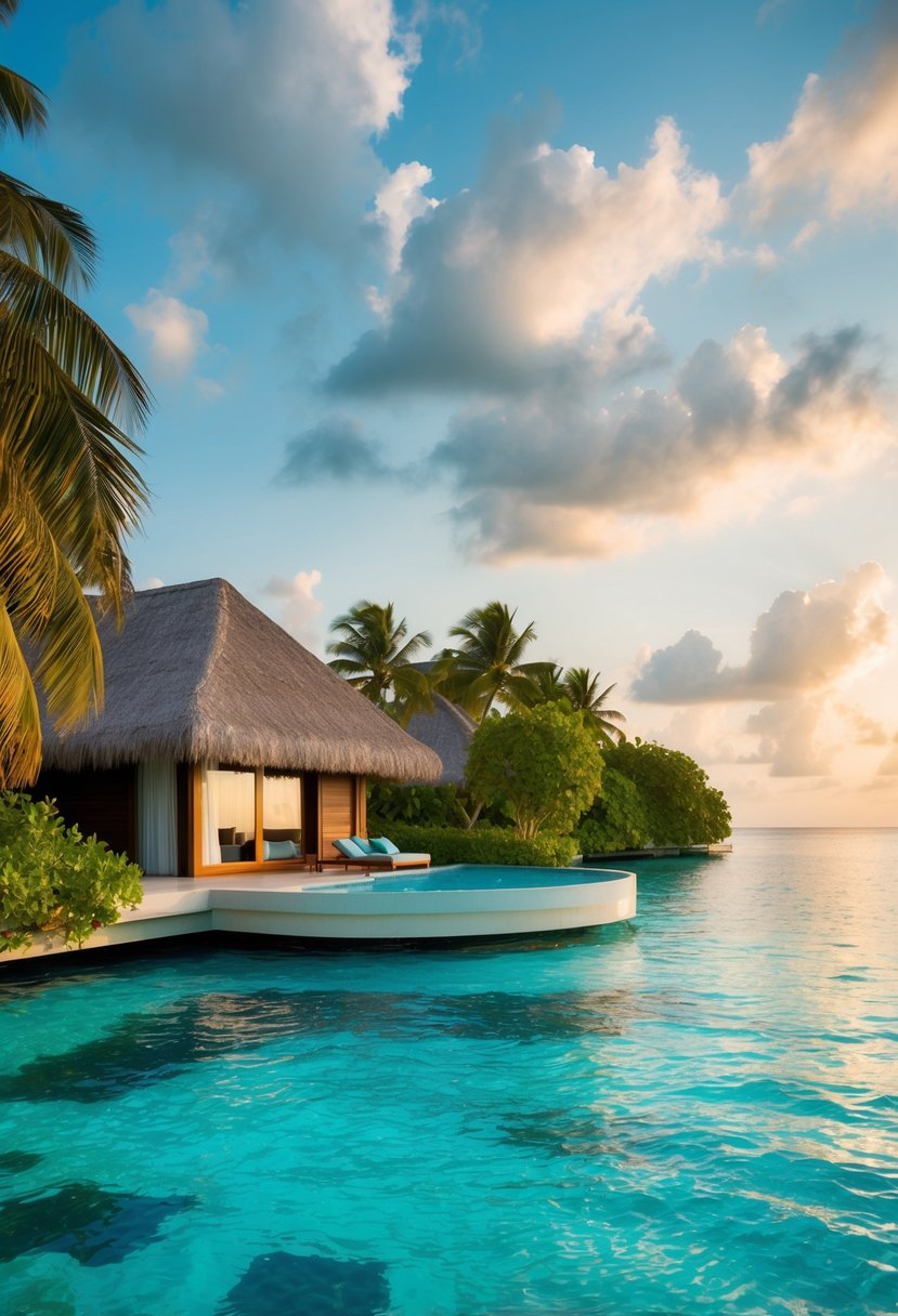 A secluded overwater bungalow at The Nautilus Maldives, surrounded by crystal-clear turquoise waters and lush tropical vegetation, with a private infinity pool and a romantic sunset view