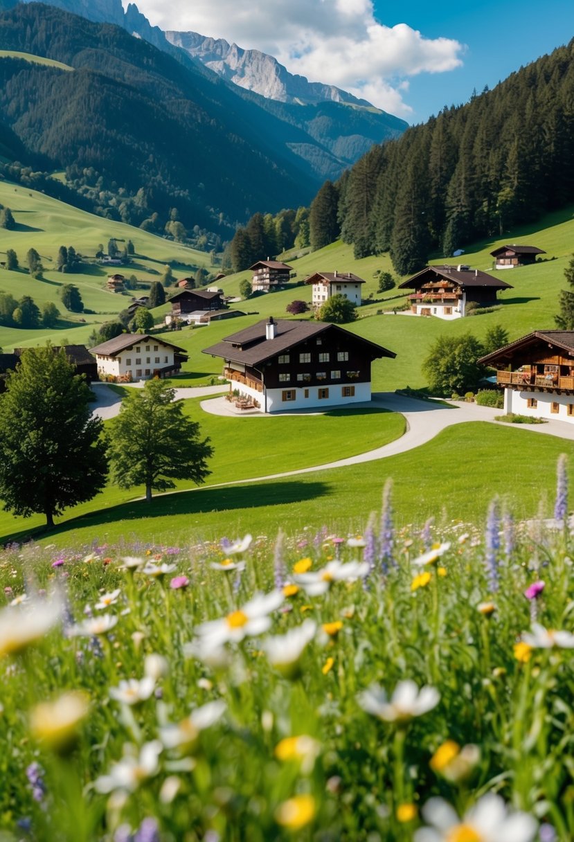 A serene Swiss countryside retreat with rolling hills, quaint chalets, and blooming wildflowers nestled in the picturesque Appenzell region