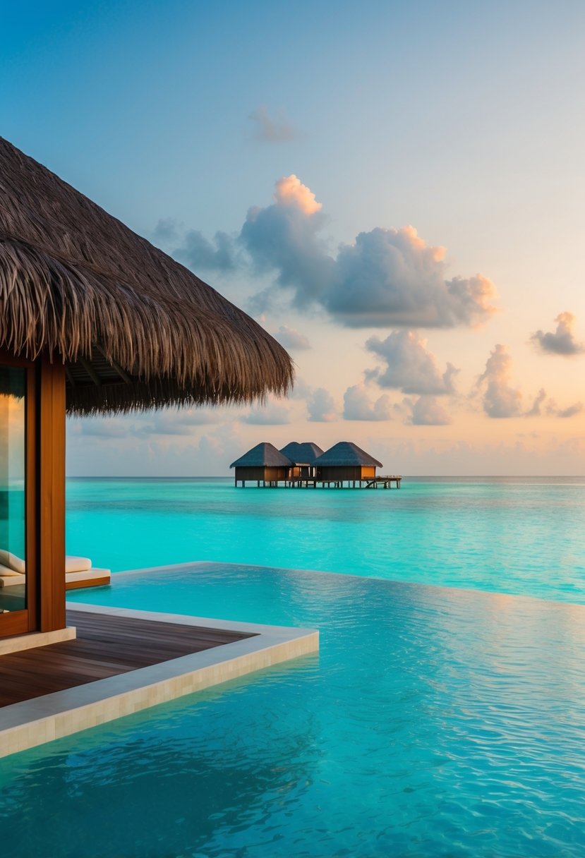 A serene overwater villa at Huvafen Fushi Maldives, with a private infinity pool overlooking the crystal-clear ocean and a beautiful sunset in the background