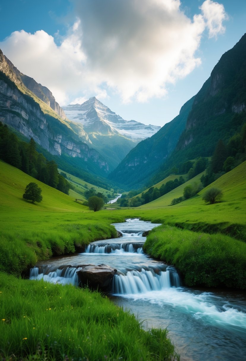 A tranquil valley surrounded by towering mountains and cascading waterfalls, with lush green meadows and a peaceful atmosphere