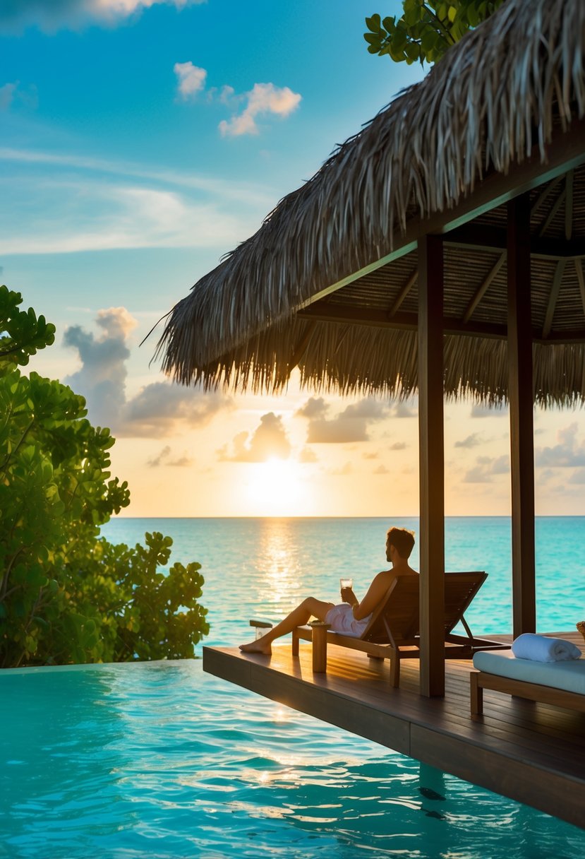 A couple lounging in a private overwater villa, surrounded by crystal-clear turquoise waters and lush greenery, with the sun setting over the horizon