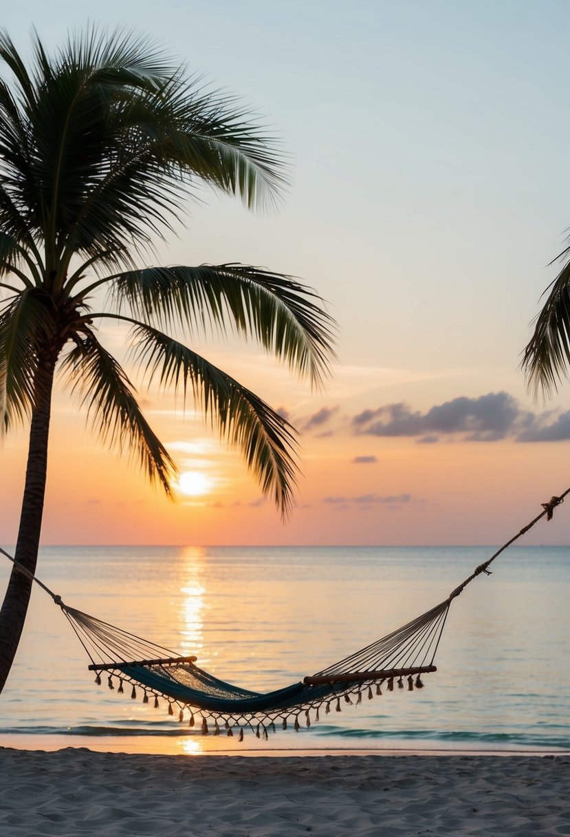 A serene beach at sunset, with palm trees, a hammock, and a calm ocean