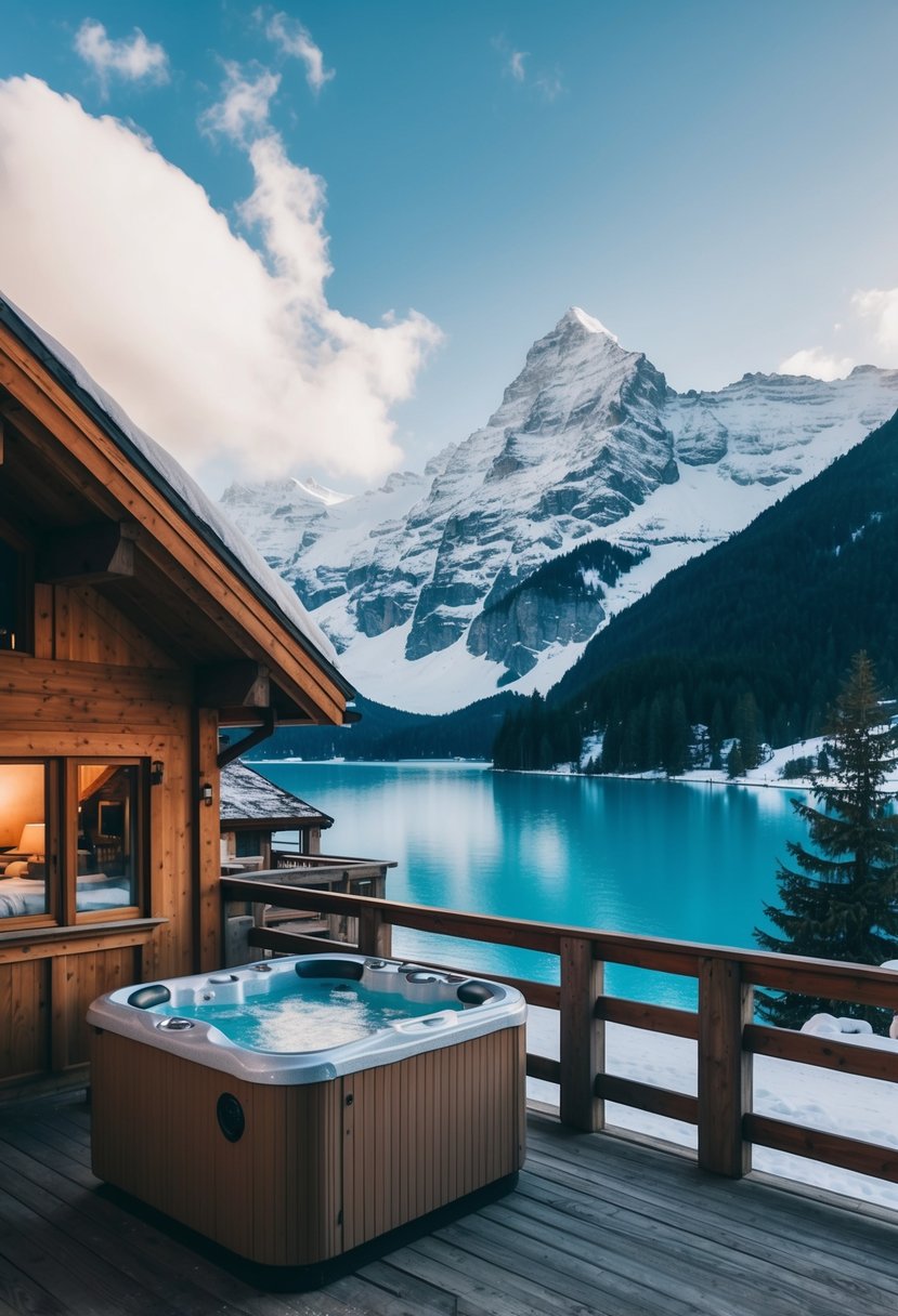 A cozy chalet nestled in the Swiss Alps, surrounded by snow-capped mountains and pristine lakes, with a hot tub on the deck