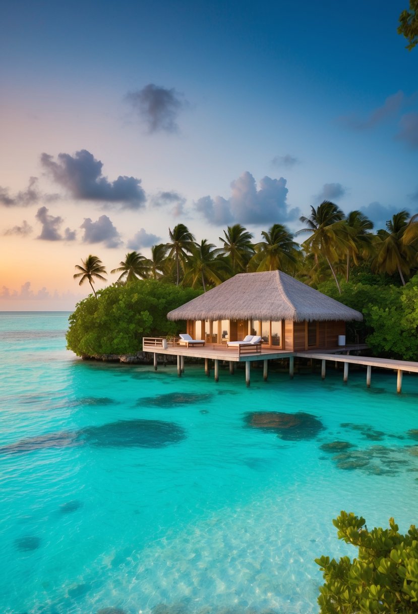 A secluded overwater bungalow at Cocoa Island, surrounded by crystal-clear turquoise waters and lush greenery, with a private deck and a romantic sunset view