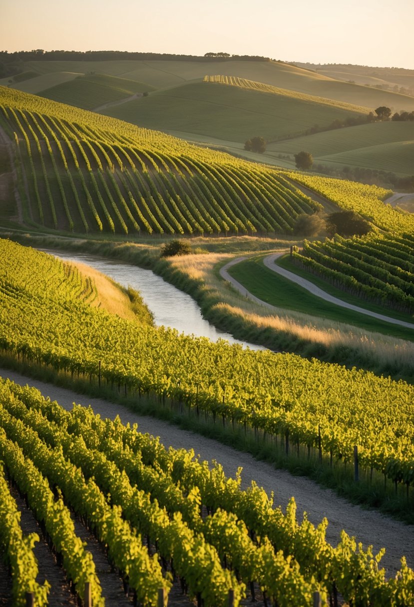 Rolling vineyards stretch across the valley, bathed in golden sunlight. A gentle breeze rustles through the grapevines, while a serene river winds its way through the picturesque landscape