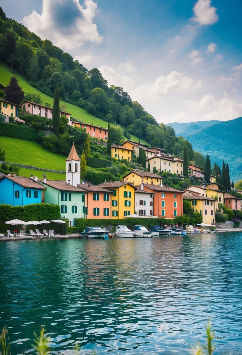 A picturesque lakeside village nestled among rolling hills, with colorful houses and a quaint church, surrounded by lush greenery and the sparkling waters of Lake Maggiore