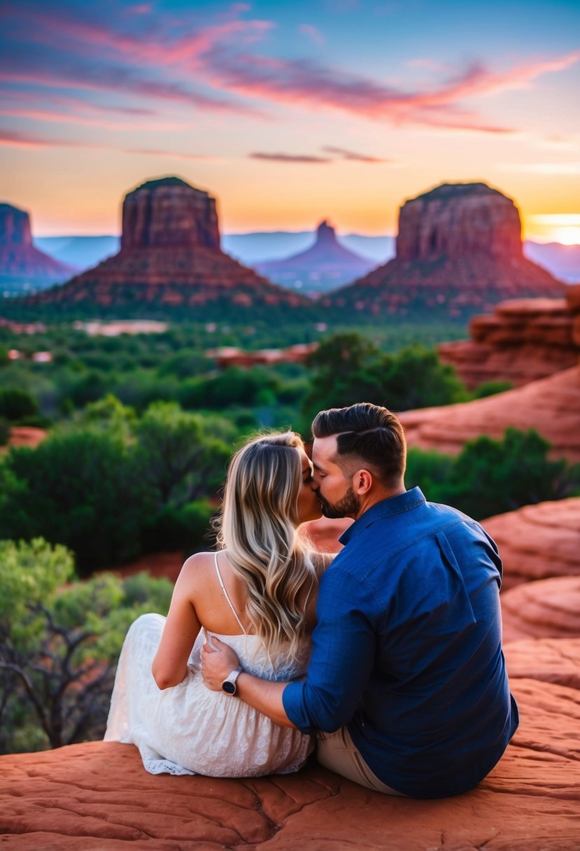 A couple enjoys a serene sunset in Sedona, Arizona, surrounded by red rock formations and lush greenery