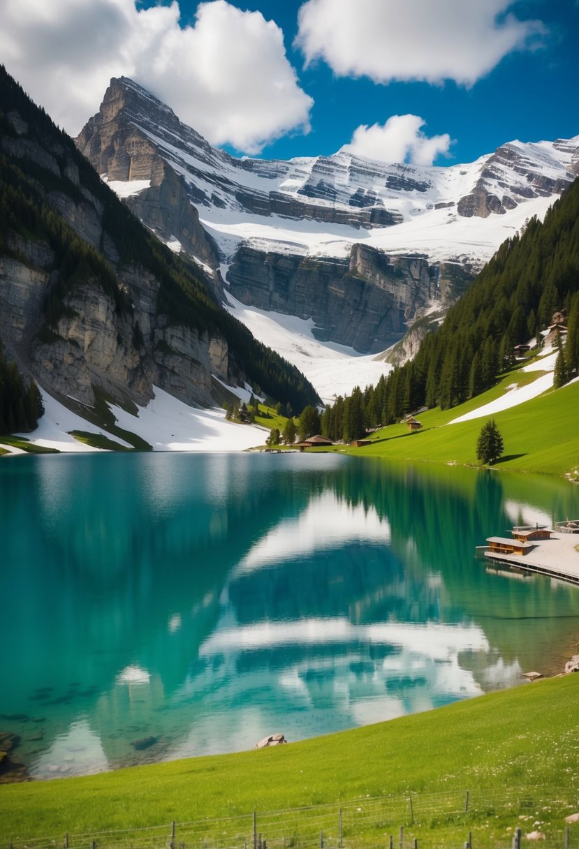 A serene alpine lake surrounded by snow-capped mountains and lush green meadows in Engadin, Switzerland