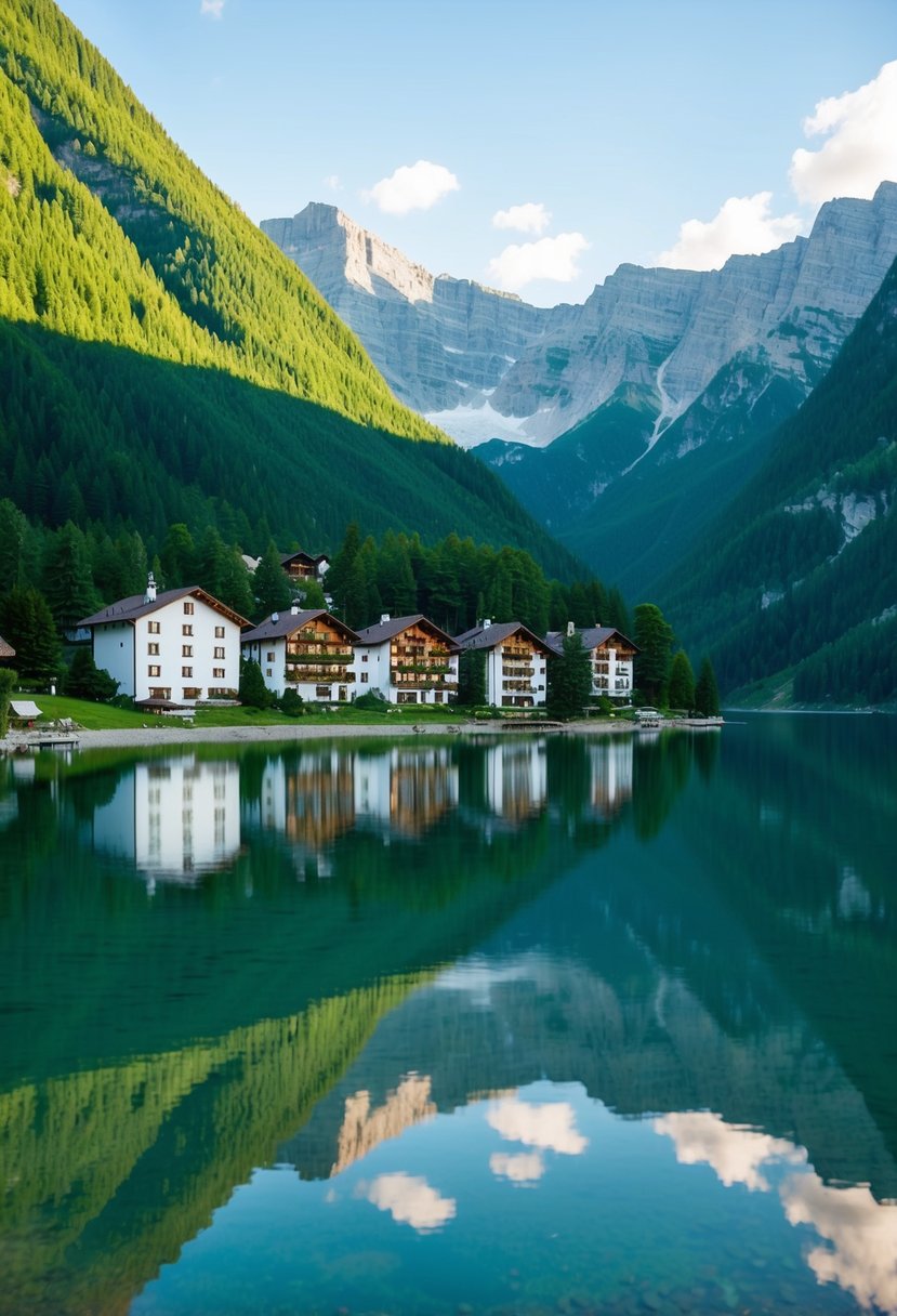 Lush green mountains surround a serene alpine lake, reflecting the clear blue sky and charming chalets nestled along the shore