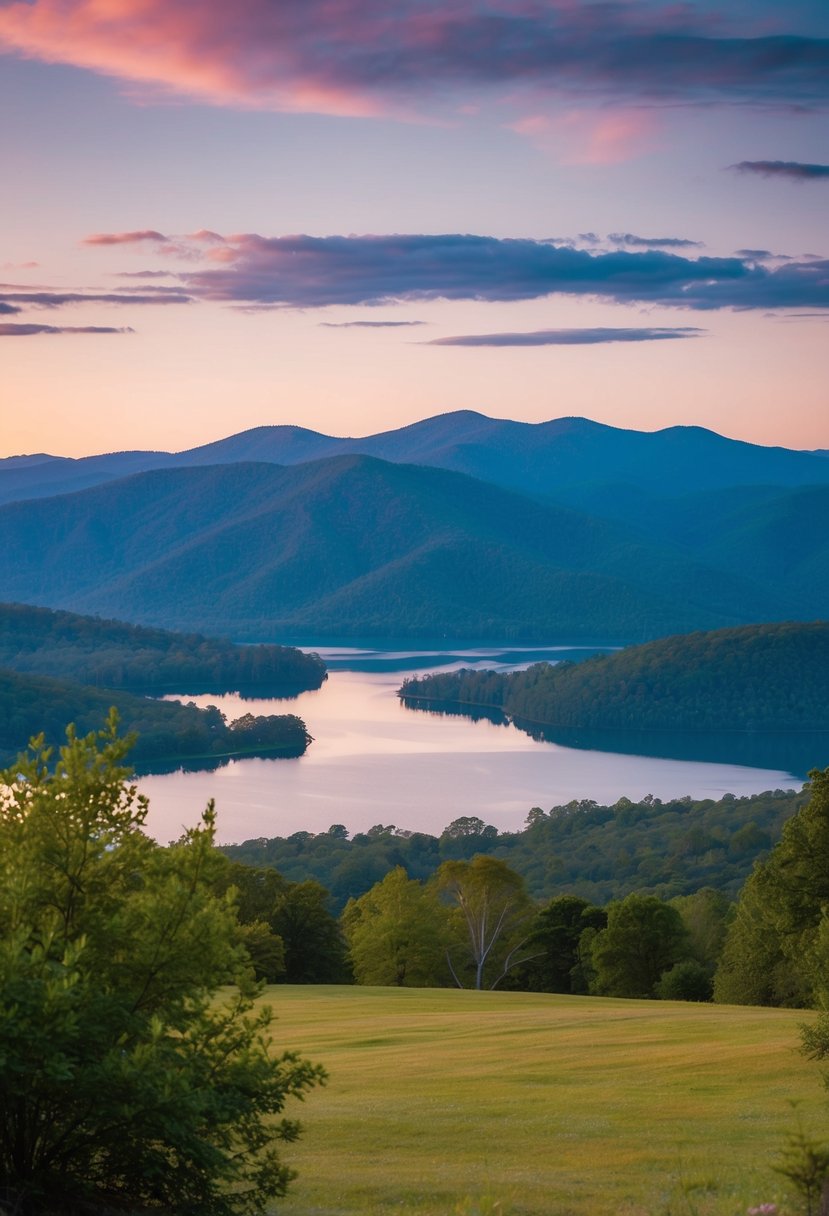 A serene mountain view overlooks a tranquil lake in Asheville, NC
