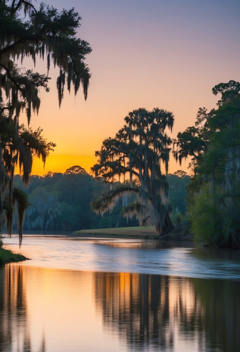 A serene sunset over a tranquil river with Spanish moss-draped trees in Savannah, Georgia