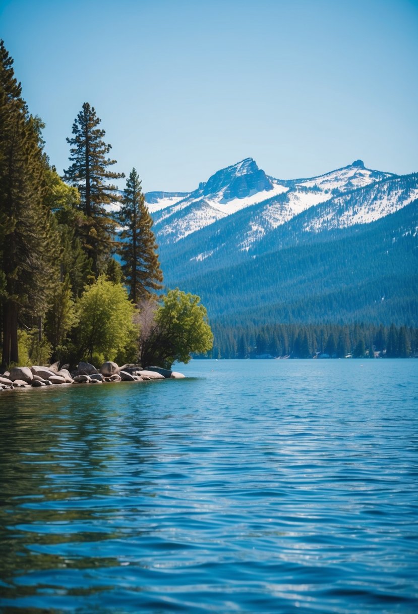 A serene view of Lake Tahoe with clear blue waters, surrounded by lush green trees and snow-capped mountains in the distance