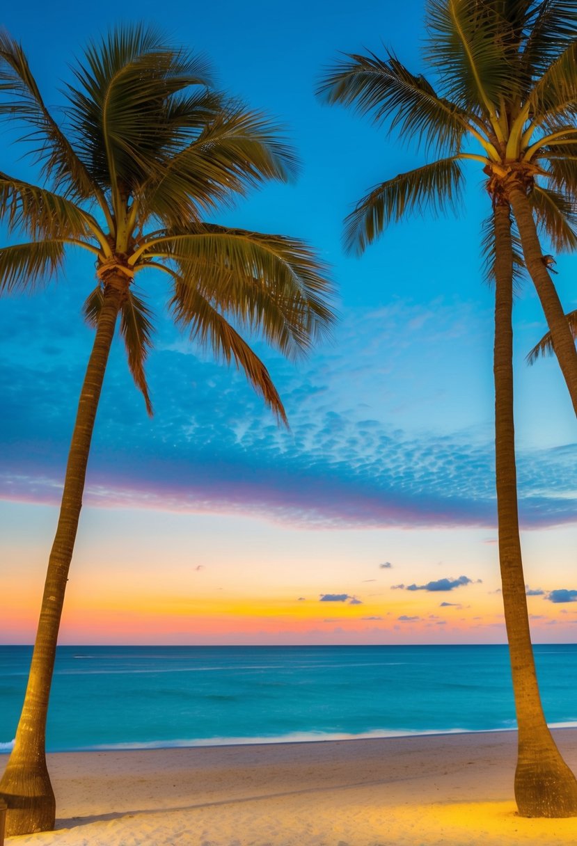 A serene beach at Key West, Florida with palm trees, clear blue water, and a colorful sunset