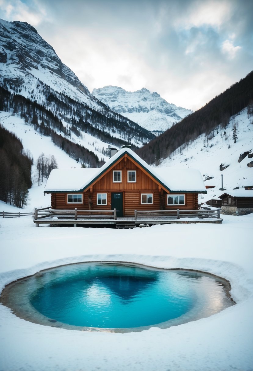 A cozy cabin nestled in a snowy valley, with a bubbling hot spring and towering mountains in the background