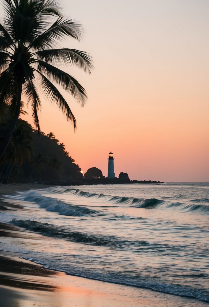 A serene beach at sunset with gentle waves, palm trees, and a distant lighthouse