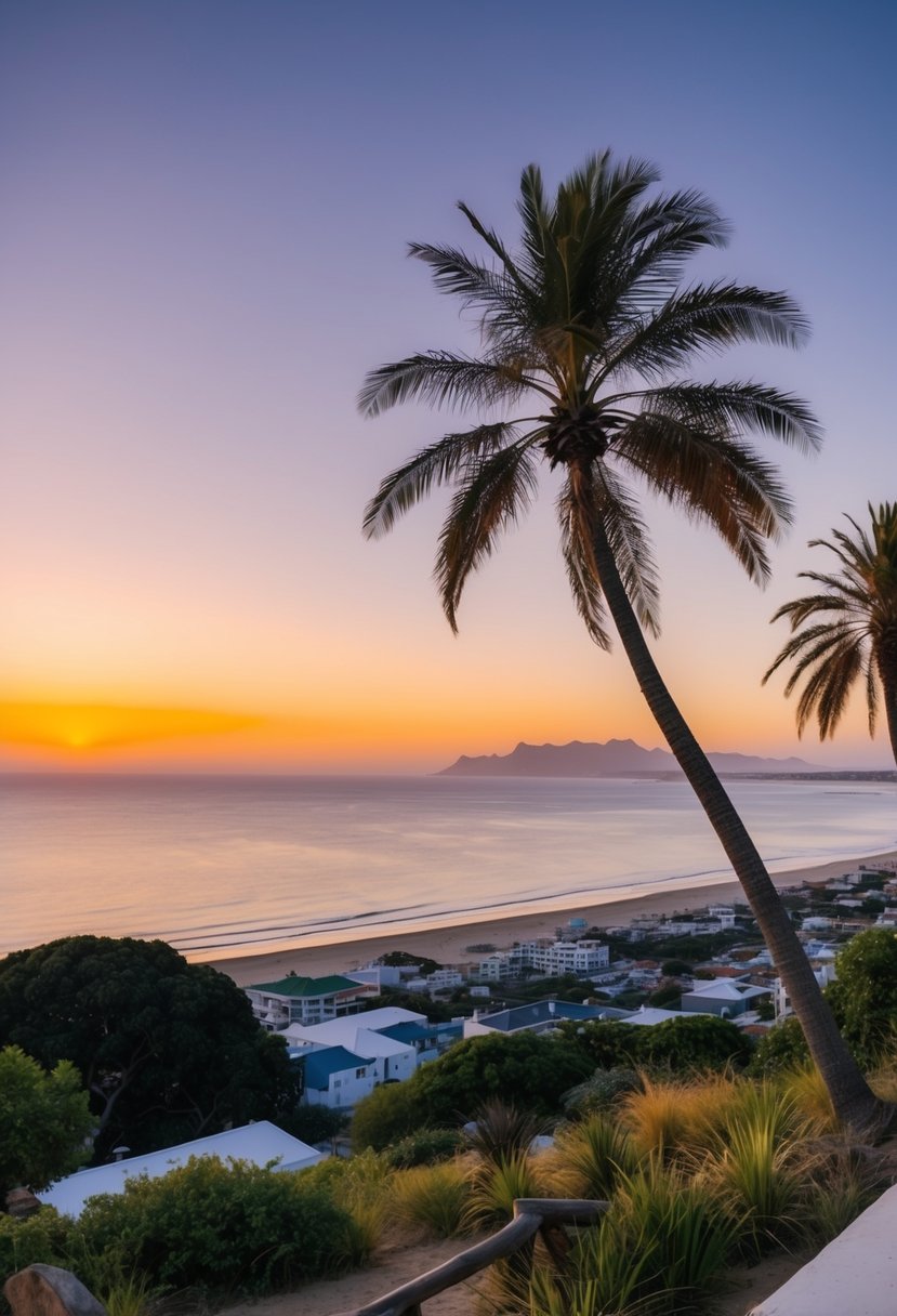A serene beach at sunset, with palm trees and a calm ocean, overlooking a picturesque coastal town in South Africa