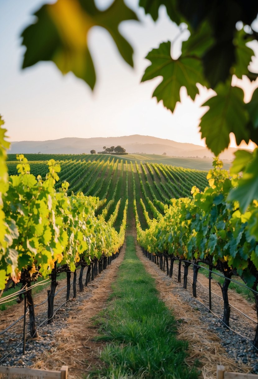 A serene vineyard in Sonoma, California, with rolling hills, lush grapevines, and a peaceful atmosphere, perfect for a relaxing honeymoon getaway