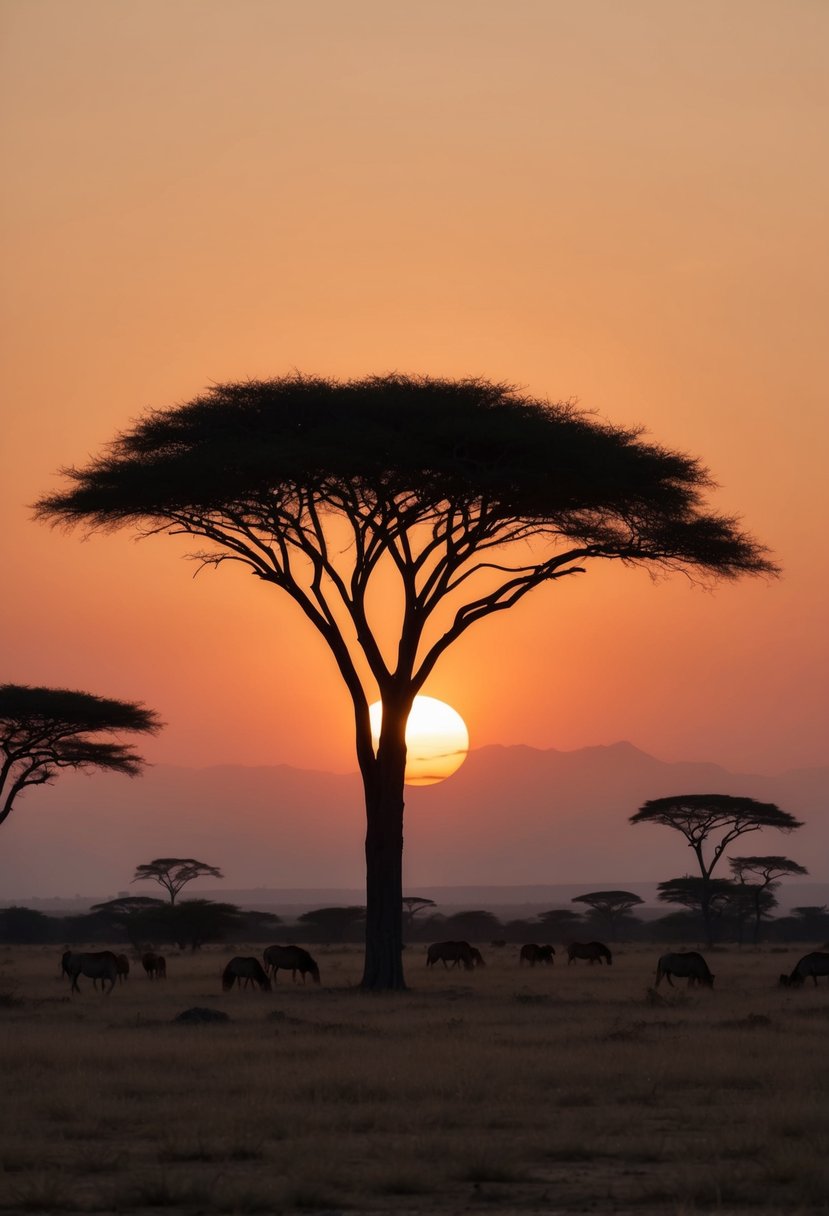 A serene sunset over the vast savannah of Kruger National Park, with silhouettes of iconic acacia trees and grazing wildlife