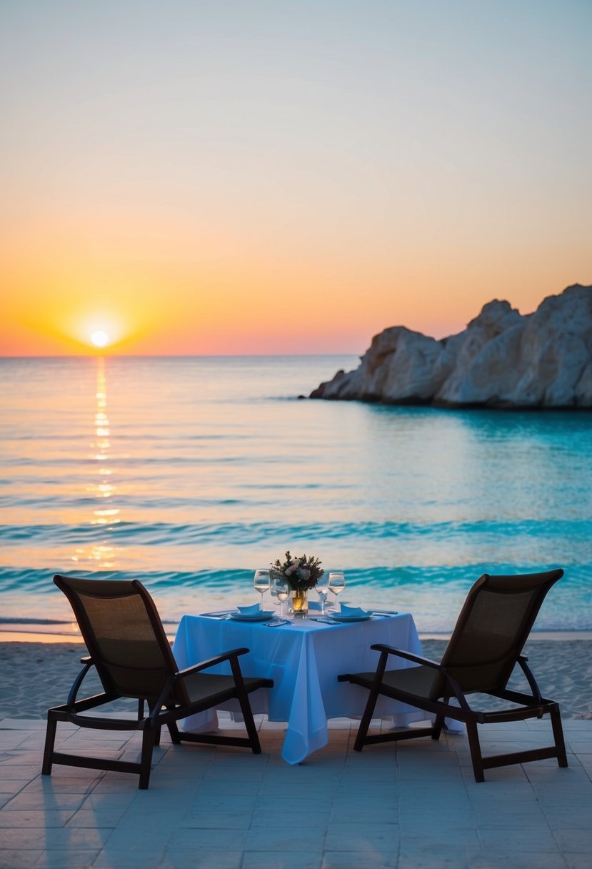 A serene beach at sunset with two lounge chairs and a table set for a romantic dinner, overlooking the crystal-clear waters of the Mediterranean Sea