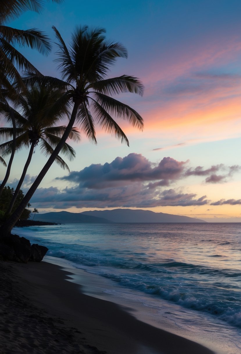 A serene beach at sunset with palm trees, calm ocean waves, and a colorful sky in Kauai, Hawaii
