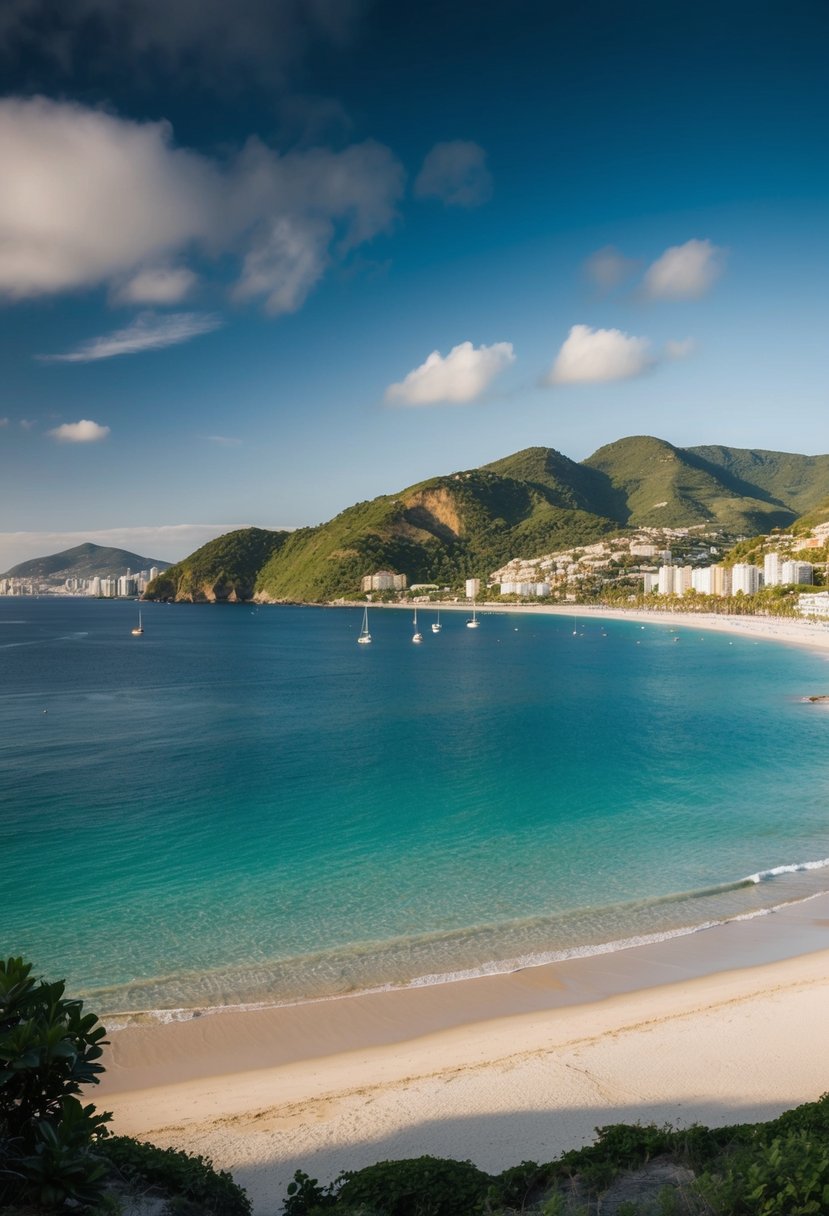 A serene bay with sandy shores and clear blue waters, framed by lush green hills and a picturesque cityscape